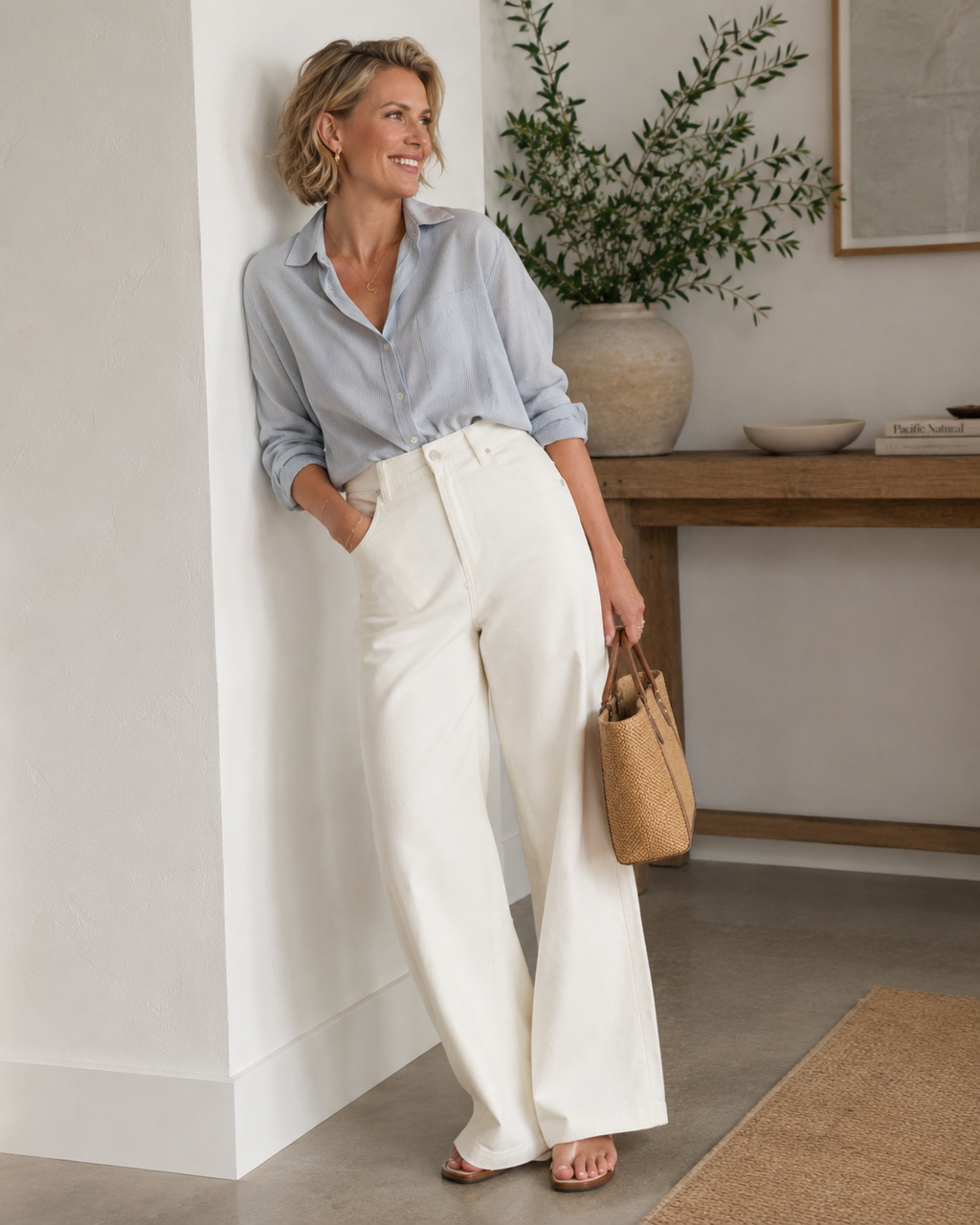 Woman in light blue shirt and white barrel jeans standing indoors with a plant and wooden table in the background.