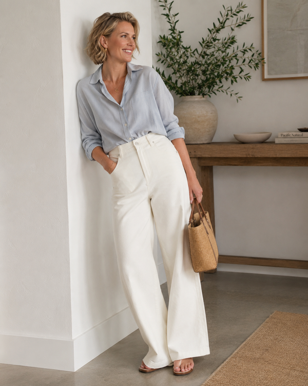 Woman in light blue shirt and white barrel jeans standing indoors with a plant and wooden table in the background.