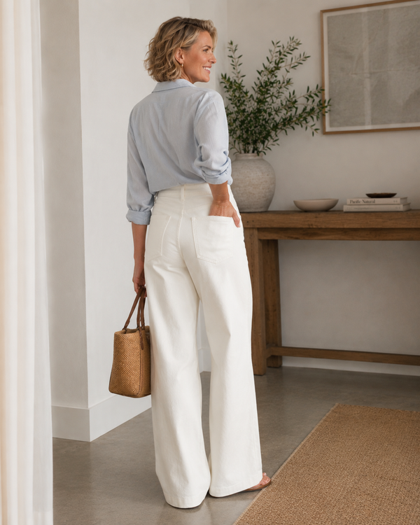 Woman in light blue shirt and white barrel jeans holding a brown bag in a room with a wooden table and plant.