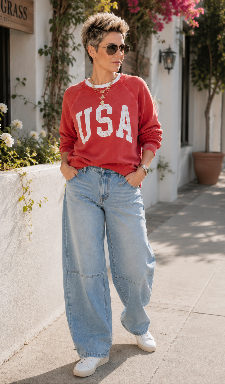 Person wearing a red 'USA' sweatshirt and blue jeans standing outdoors.
