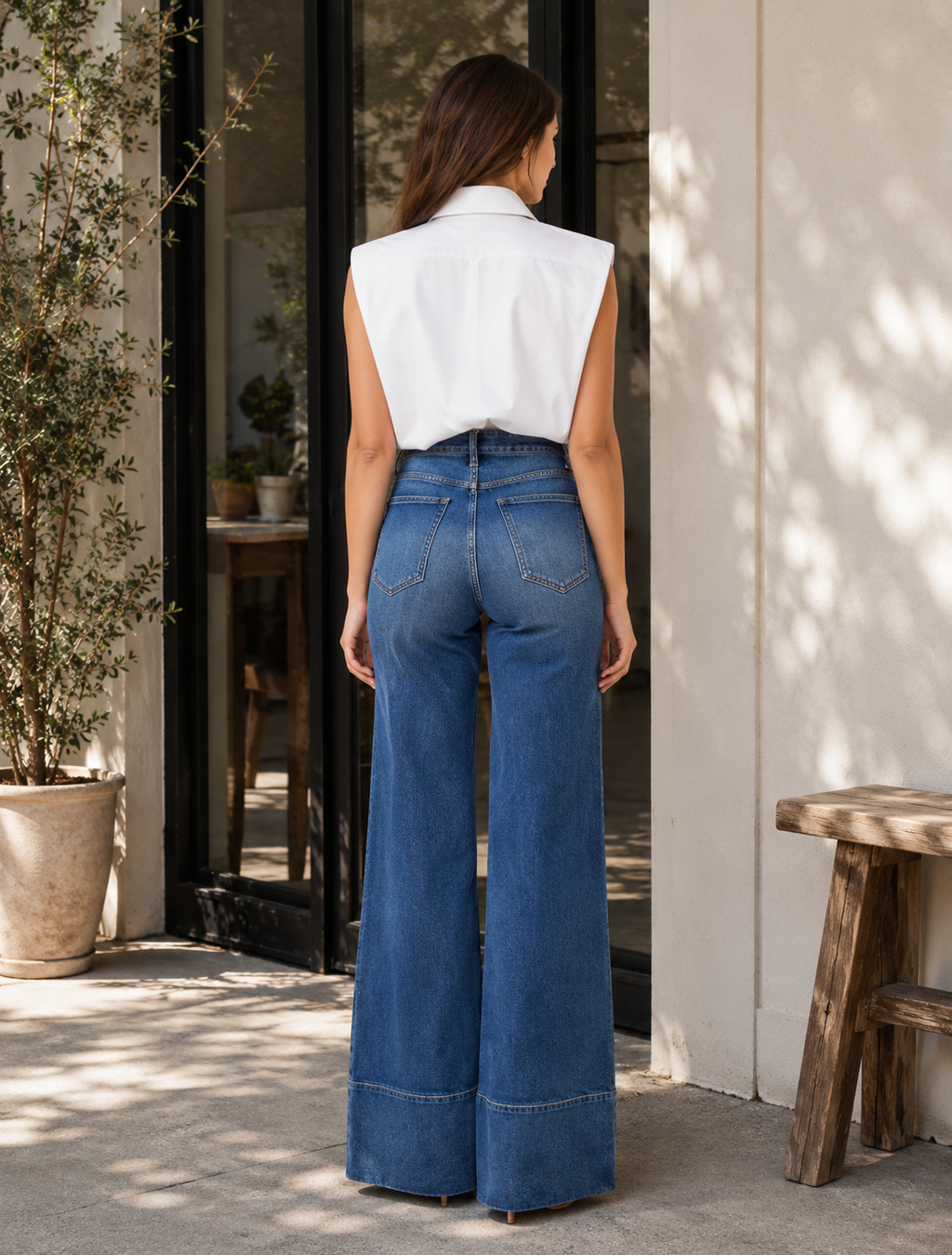 Woman wearing blue jeans and a white top standing in a sunlit outdoor setting.
