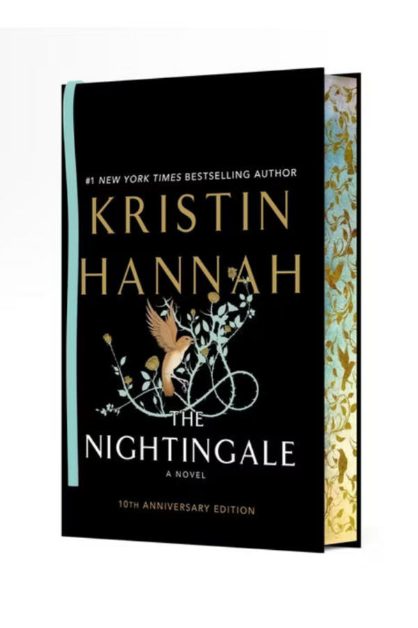 The 1994 Anniversary Edition of the novel 'The Nightingale' by Kristin Hannah, shown as a book with a black cover, gold lettering, and a decorative spine on a white background.