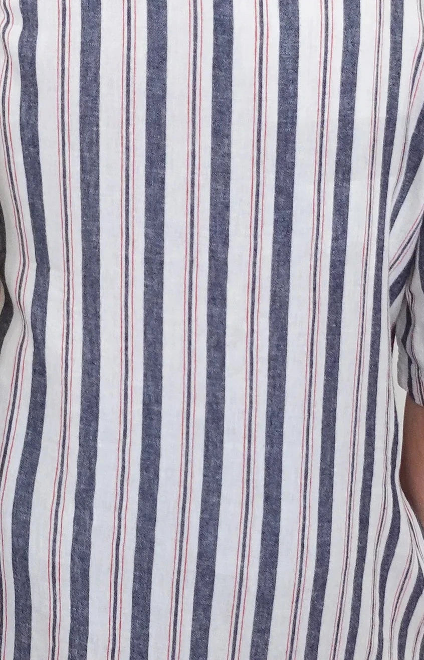close up of Glory linen blend shirt dress, navy, white and red stripe